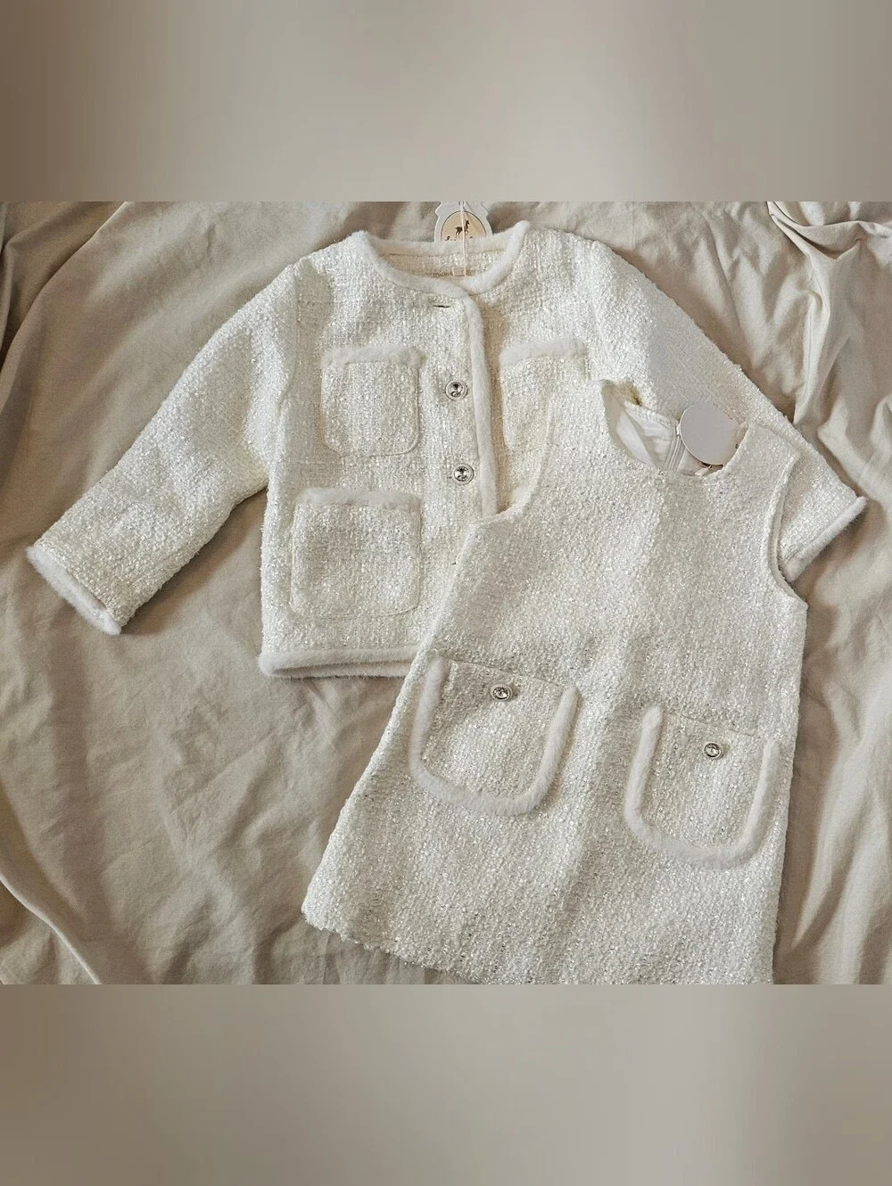 Doe A Dear White Tweed Two-Piece Jacket and Pinafore Set Fur Toddler Girls 2T